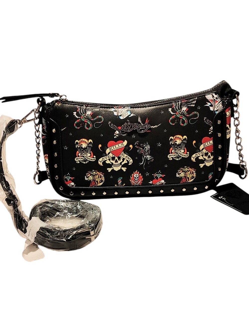 Ed Hardy Grunge Black Bikercore Tiger Skull Heart Studded Chain Crossbody Bag